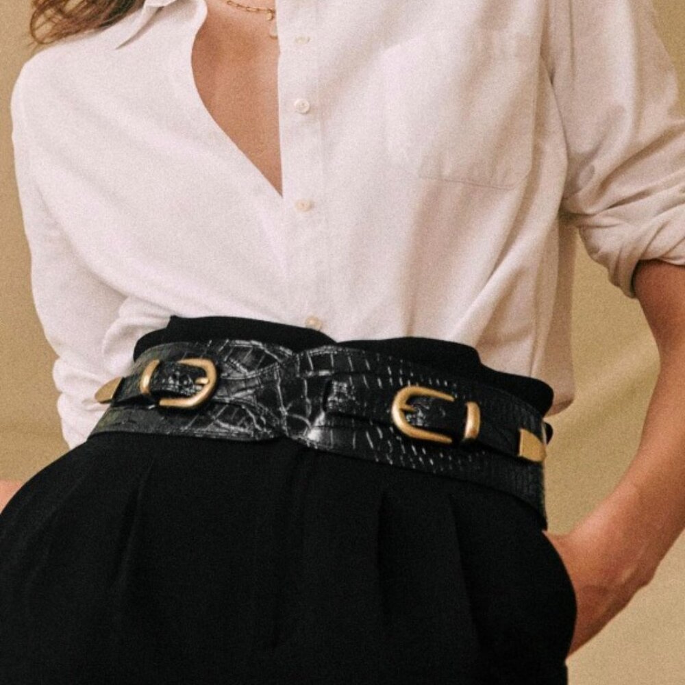 Sézane Gisèle Belt in Black Crocodile Size 90